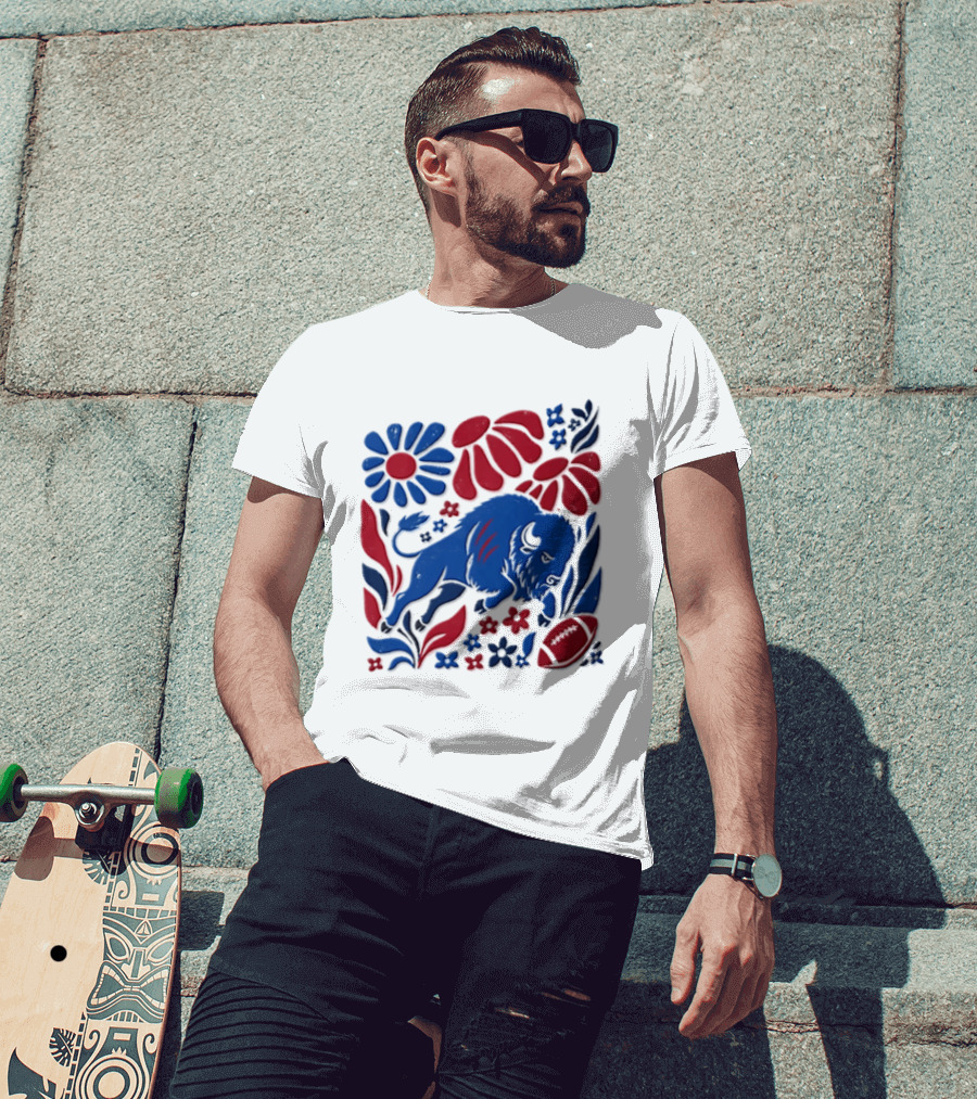 Buffalo Bills Charging Buffalo Red Blue Flowers Football T-Shirt