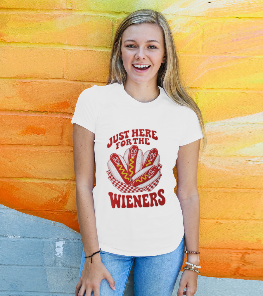 Just Here For The Wieners Four Cartoon Hot Dogs Mustard T-Shirt