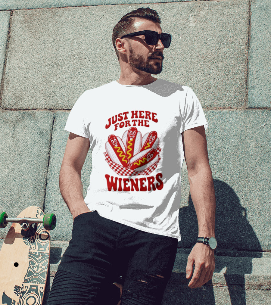 Just Here For The Wieners Four Cartoon Hot Dogs Mustard T-Shirt