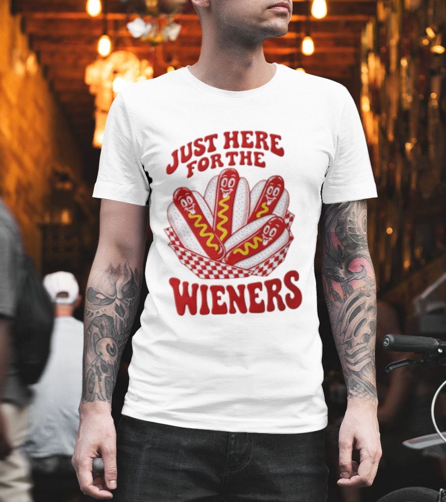 Just Here For The Wieners Four Cartoon Hot Dogs Mustard T-Shirt