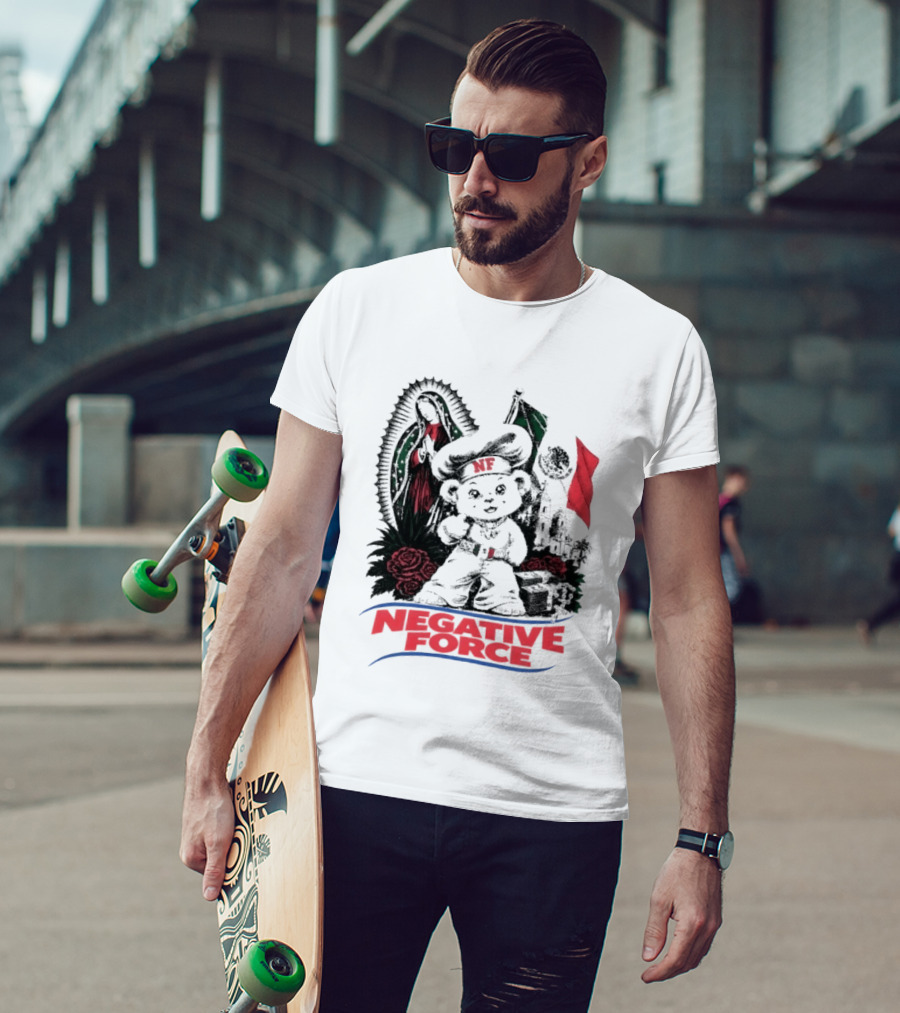 Negative Force Bear With Mexican Flag Virgin Mary Roses T-Shirt