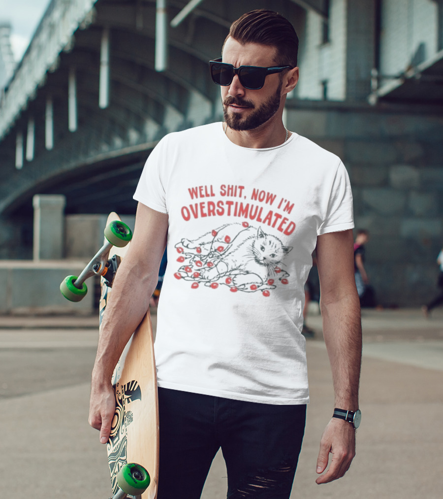 Well Shit Now I'm Overstimulated Cat With Christmas Lights T-Shirt