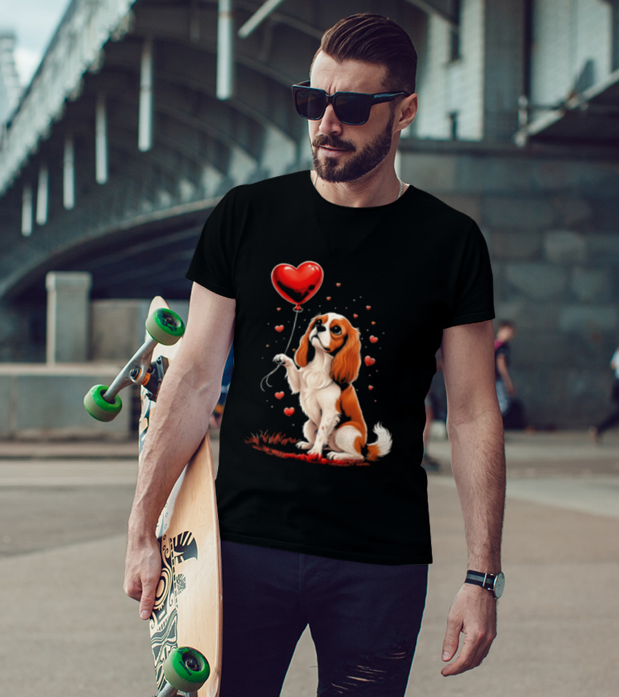 Cavalier King Charles Spaniel With Heart Balloon Surrounded By Floating Hearts T-Shirt
