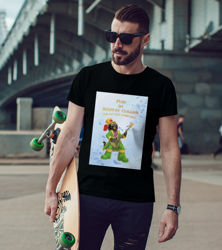 Puss In Bootsy Collins The Cat That Licked Base Green Costume Star Hat Guitar Player T-Shirt