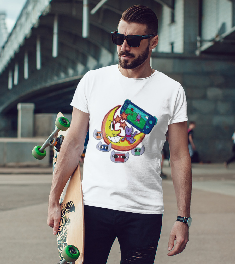 Purple Bear Gaming On Moon With Sunflowers And Dogs Whimsical Two Sided T-Shirt