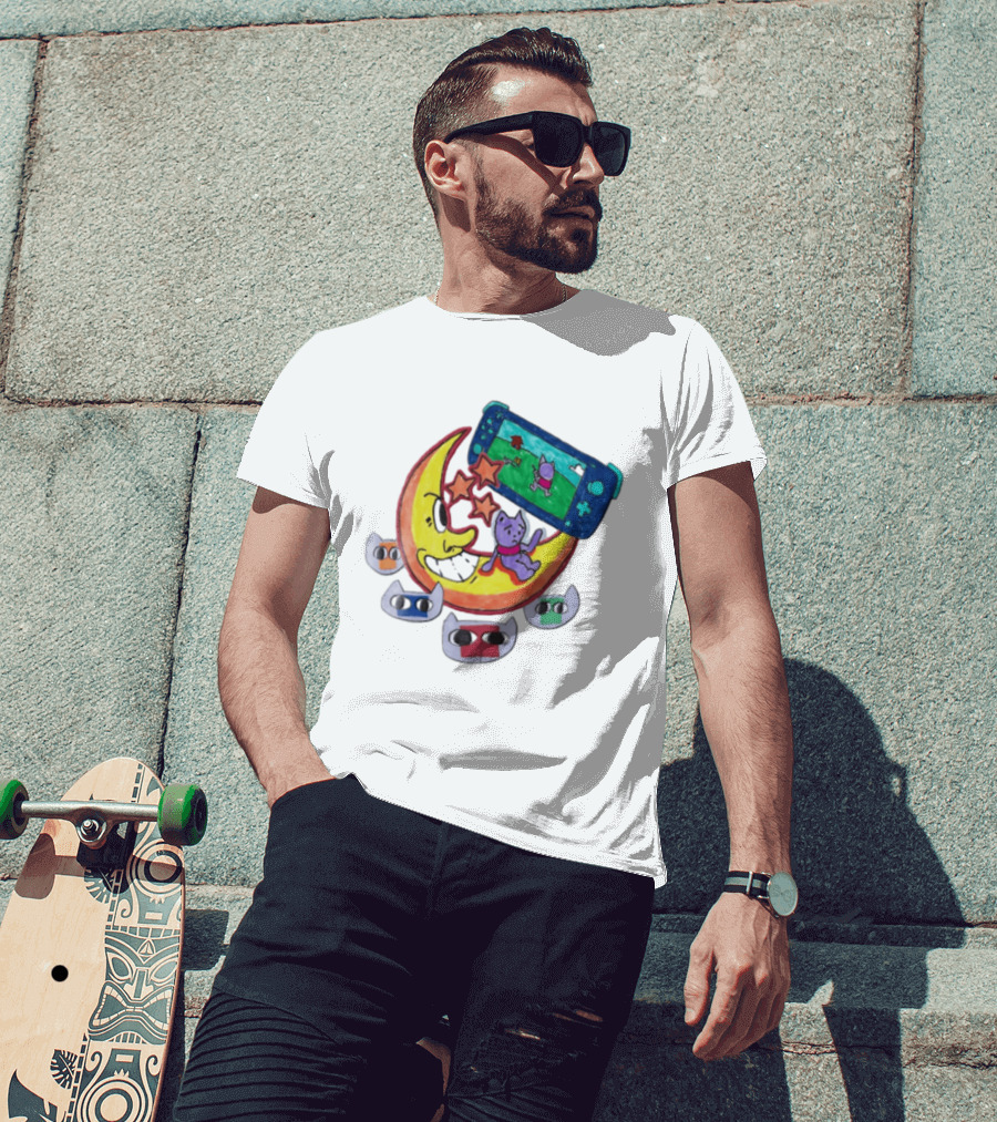 Purple Bear Gaming On Moon With Sunflowers And Dogs Whimsical Two Sided T-Shirt