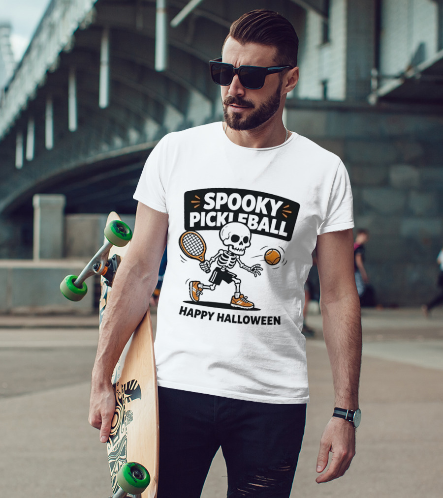 Spooky Pickleball Skeleton Halloween T-Shirt