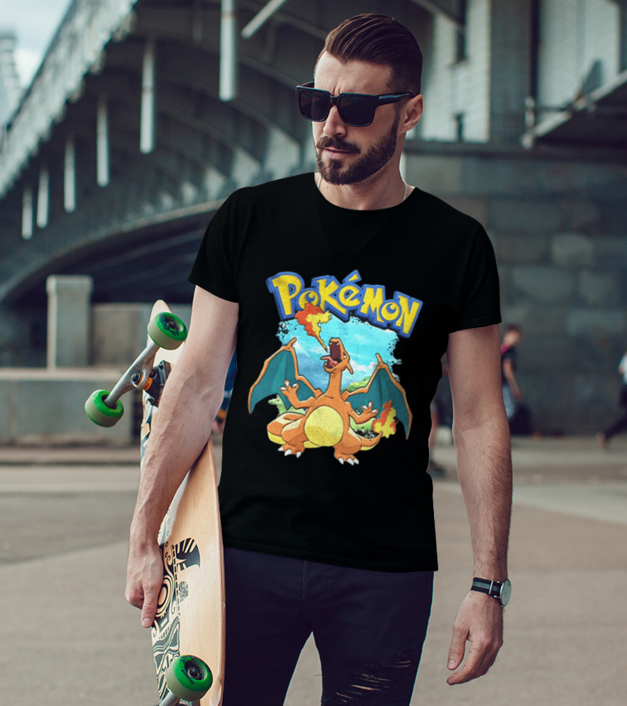 Pokemon Charizard Breathing Fire In Green Landscape T-Shirt
