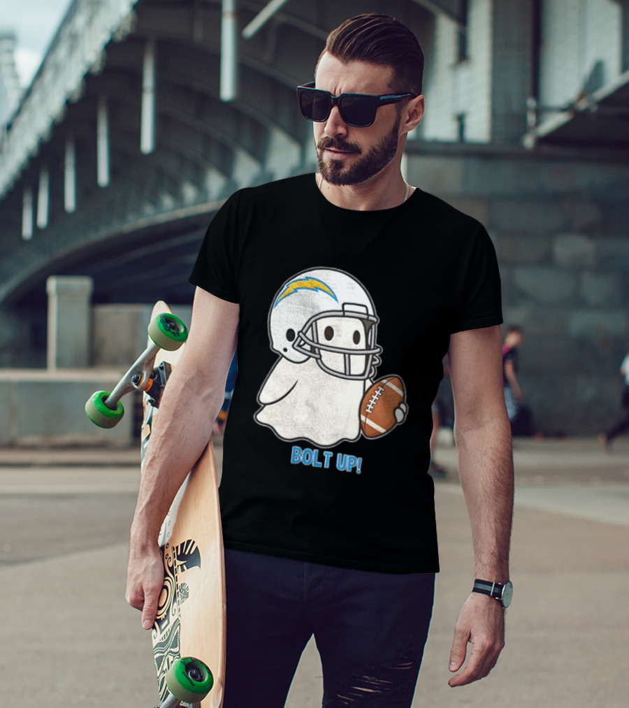 Los Angeles Chargers Bolt Up Ghost Football Helmet Holding Ball T-Shirt