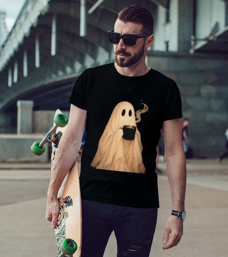Ghost Spooky Coffee Bar Halloween Cozy Ghost Holding Coffee Steam T-Shirt