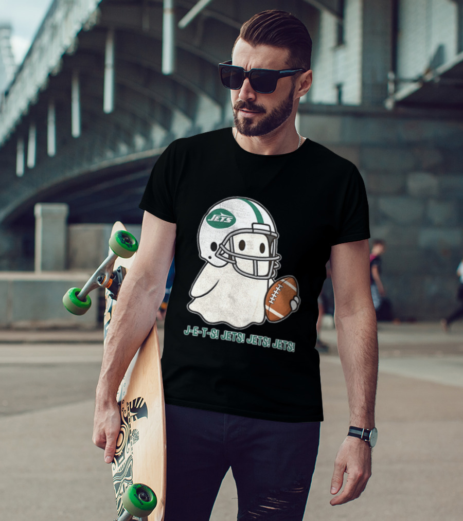 J E S Jets Jets Jets New York Jets Football Helmet Ghost Holding Football T-Shirt