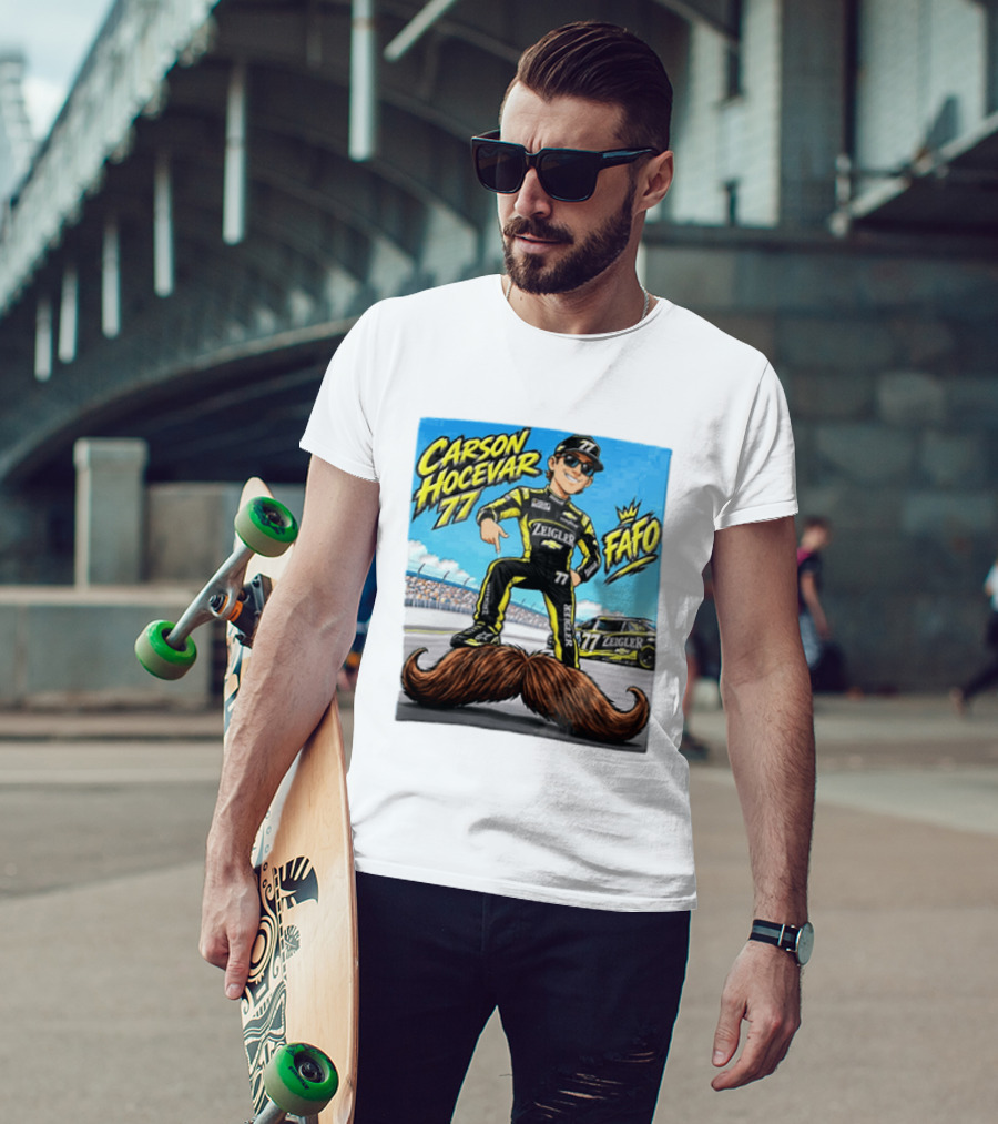 Carson Hocevar FAFO 77 Zeigler NASCAR Caricature Pointing At Mustache T-Shirt