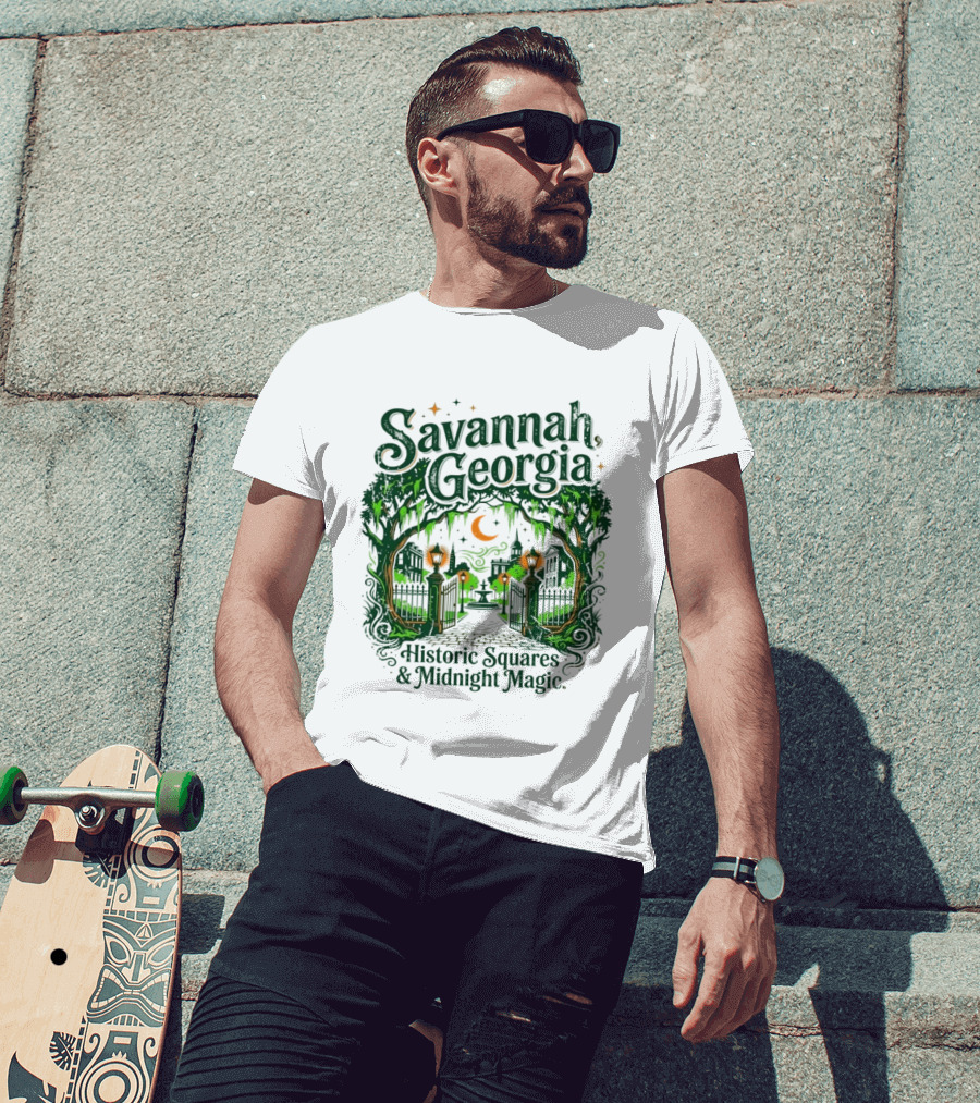 Savannah Georgia Historic Squares Midnight Magic Crescent Moon And Lanterns T-Shirt