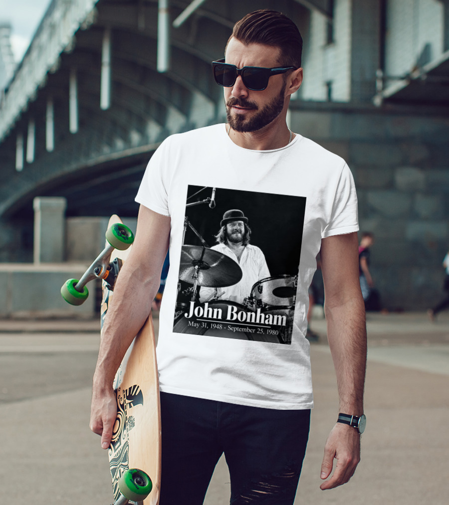 John Bonham May 31 1948 September 25 1980 Drummer Tribute Black And White Photo T-Shirt