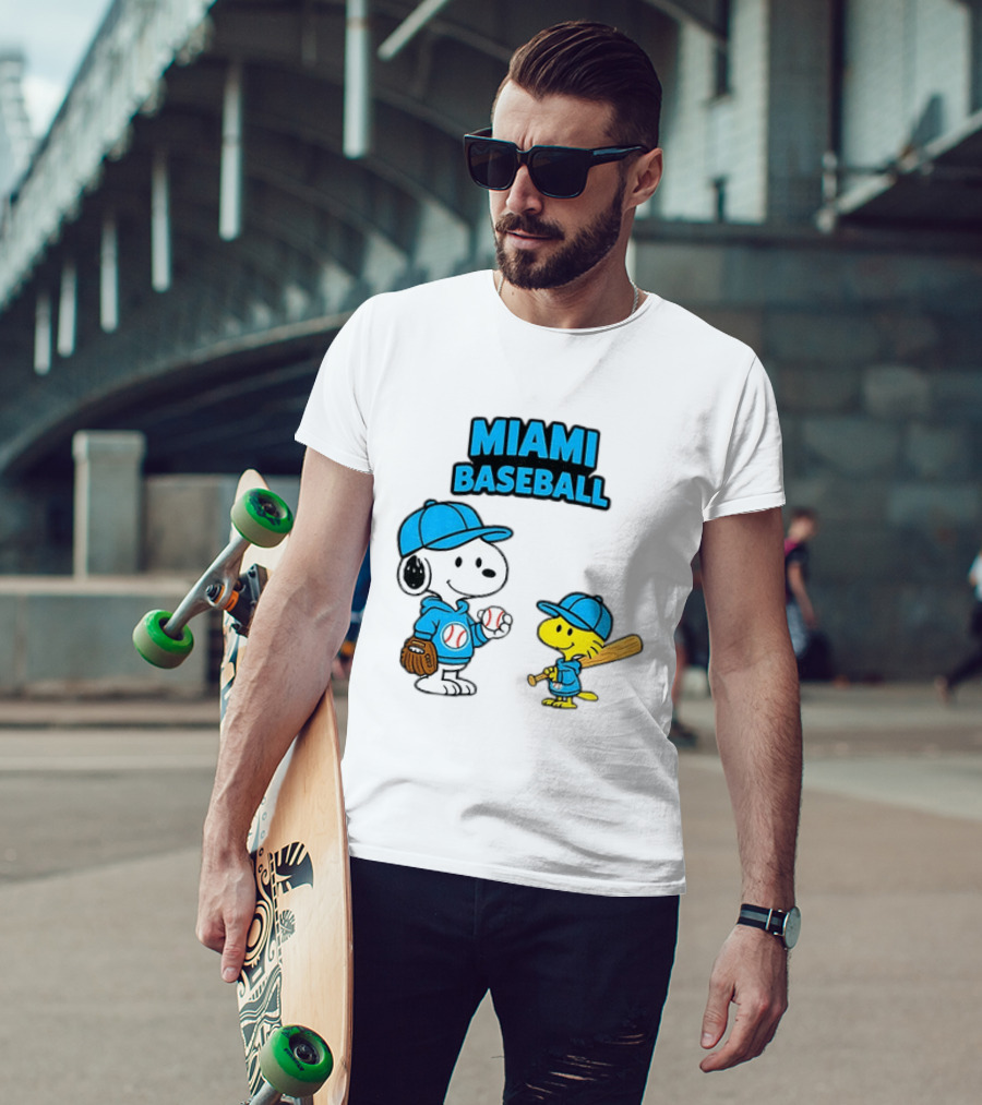Snoopy Woodstock Miami Baseball Peanuts Cartoon MLB T-Shirt