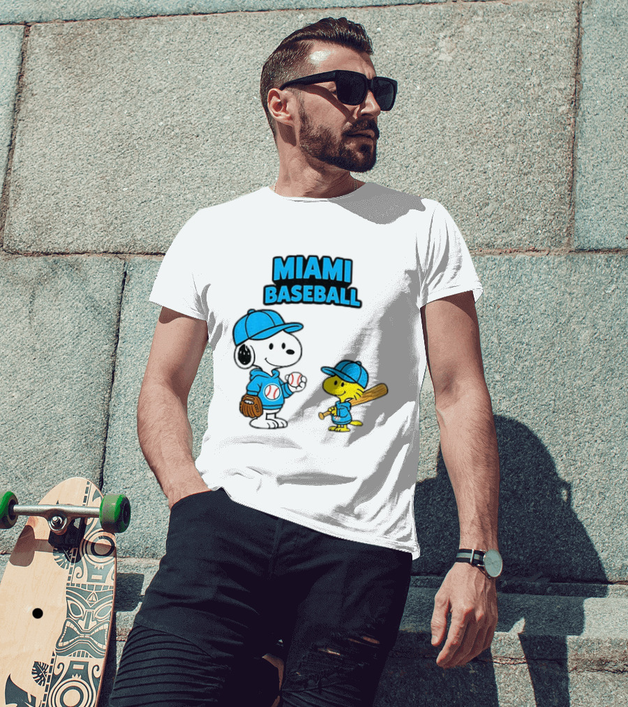 Snoopy Woodstock Miami Baseball Peanuts Cartoon MLB T-Shirt