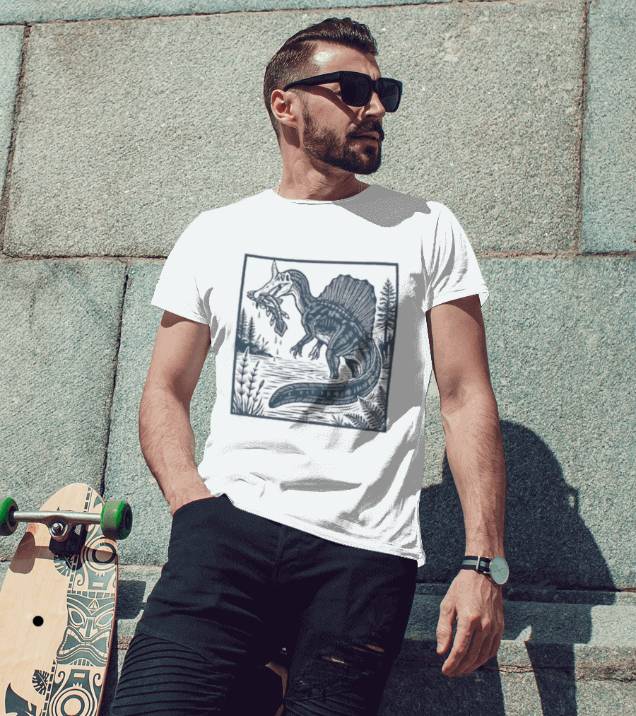 Spinosaurus Catching Fish With Forest T-Shirt