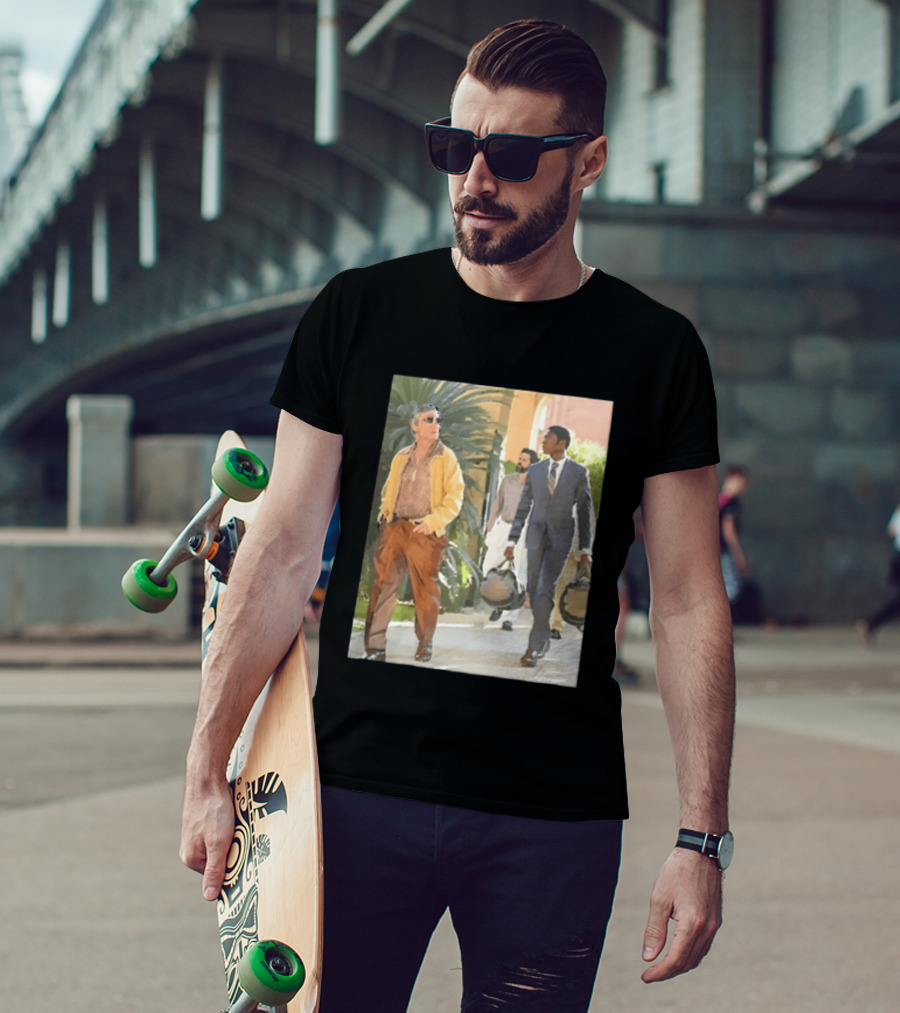 Men In Stylish Outfits Walking Outdoors With Bags T-Shirt