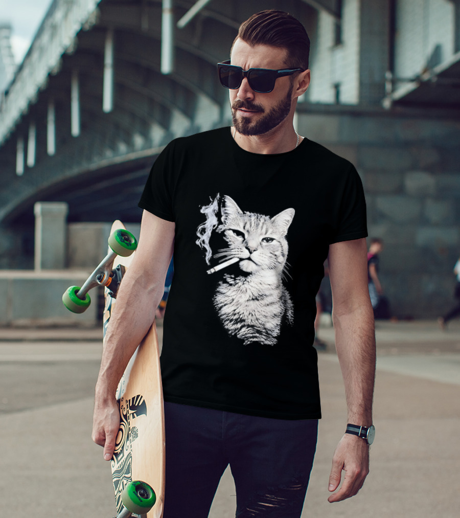 Tabby Cat Smoking Cigarette Animal T-Shirt