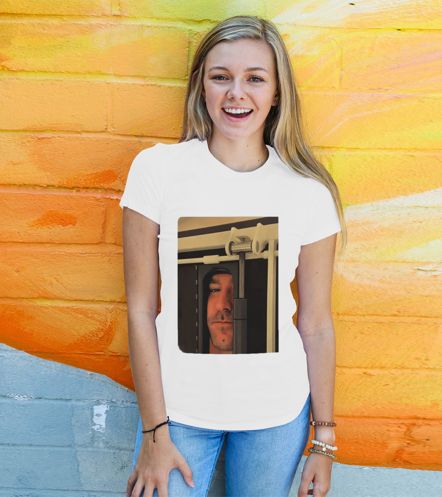 Man Peeking Through Door Face Hidden Observation Doorway T-Shirt