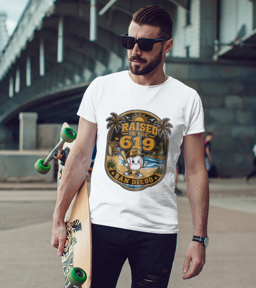Raised In The 619 Baseball Character San Diego Beach Sunset Palm Trees T-Shirt