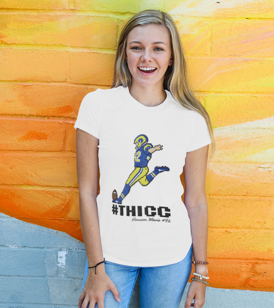 #THICC Harrison Mevis 92 Pixel Football Player In Blue And Yellow Uniform T-Shirt