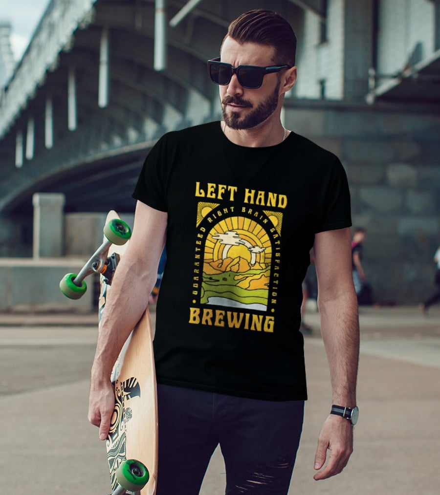 Left Hand Brewing Guaranteed Right Brain Satisfaction Sunburst River Landscape T-Shirt