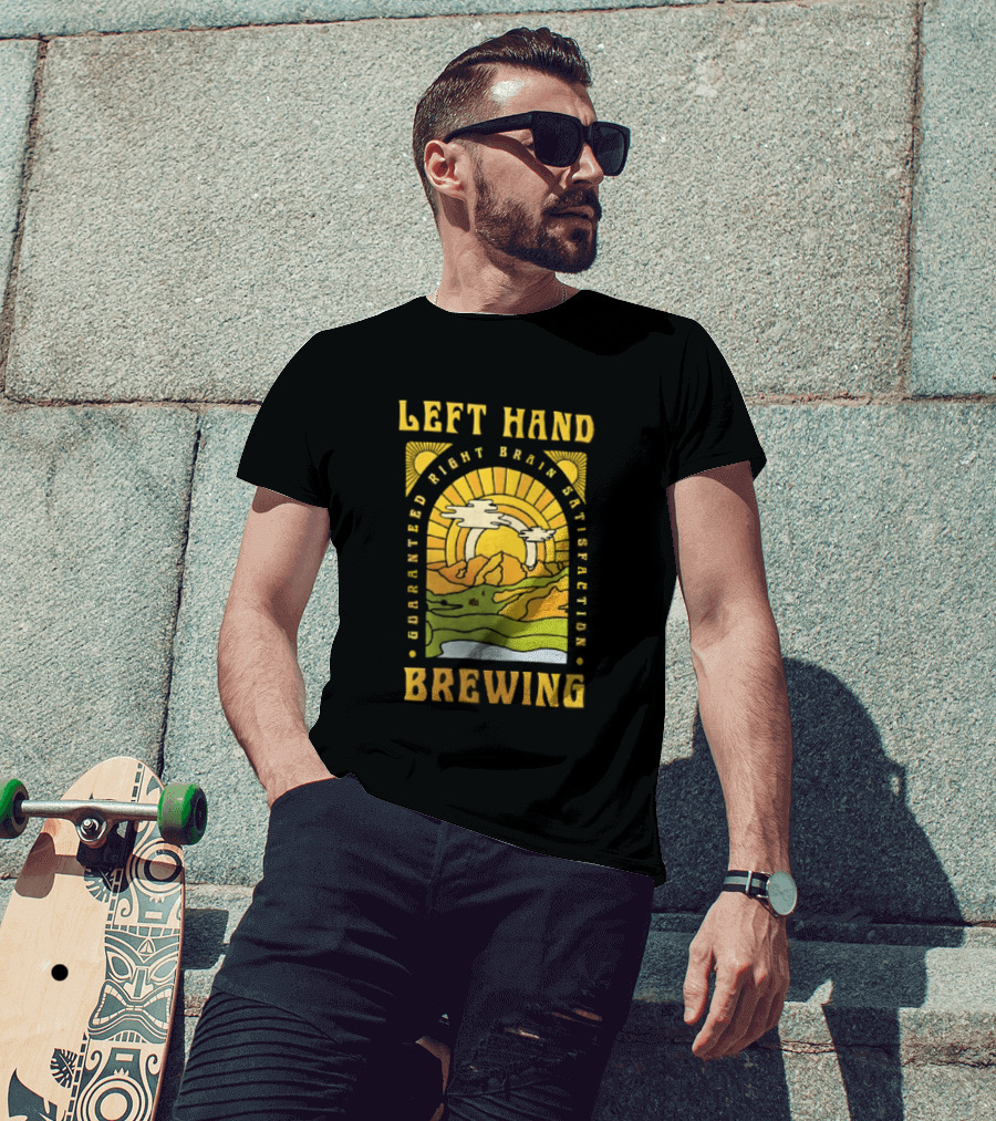 Left Hand Brewing Guaranteed Right Brain Satisfaction Sunburst River Landscape T-Shirt