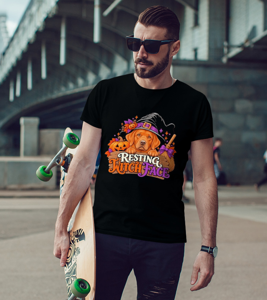 Resting Witch Face Dog Witch Hat Pumpkin Broom Halloween T-Shirt