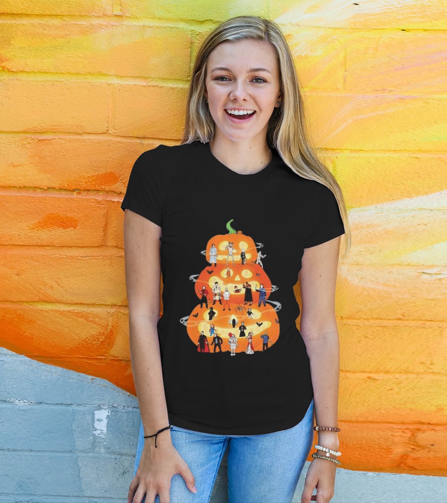 Horror Movie Icons Halloween Pumpkin Stack Villains T-Shirt