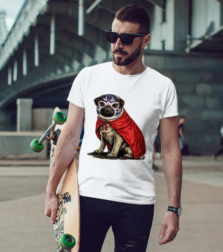 Lucha Libre Pug Red Cape Mexican Wrestling Dog Mask T-Shirt