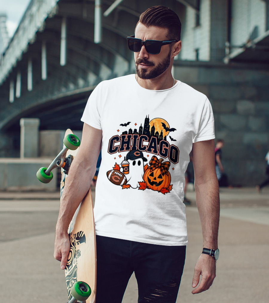Chicago Bears Halloween Ghost Pumpkin Football Skyline Moon T-Shirt