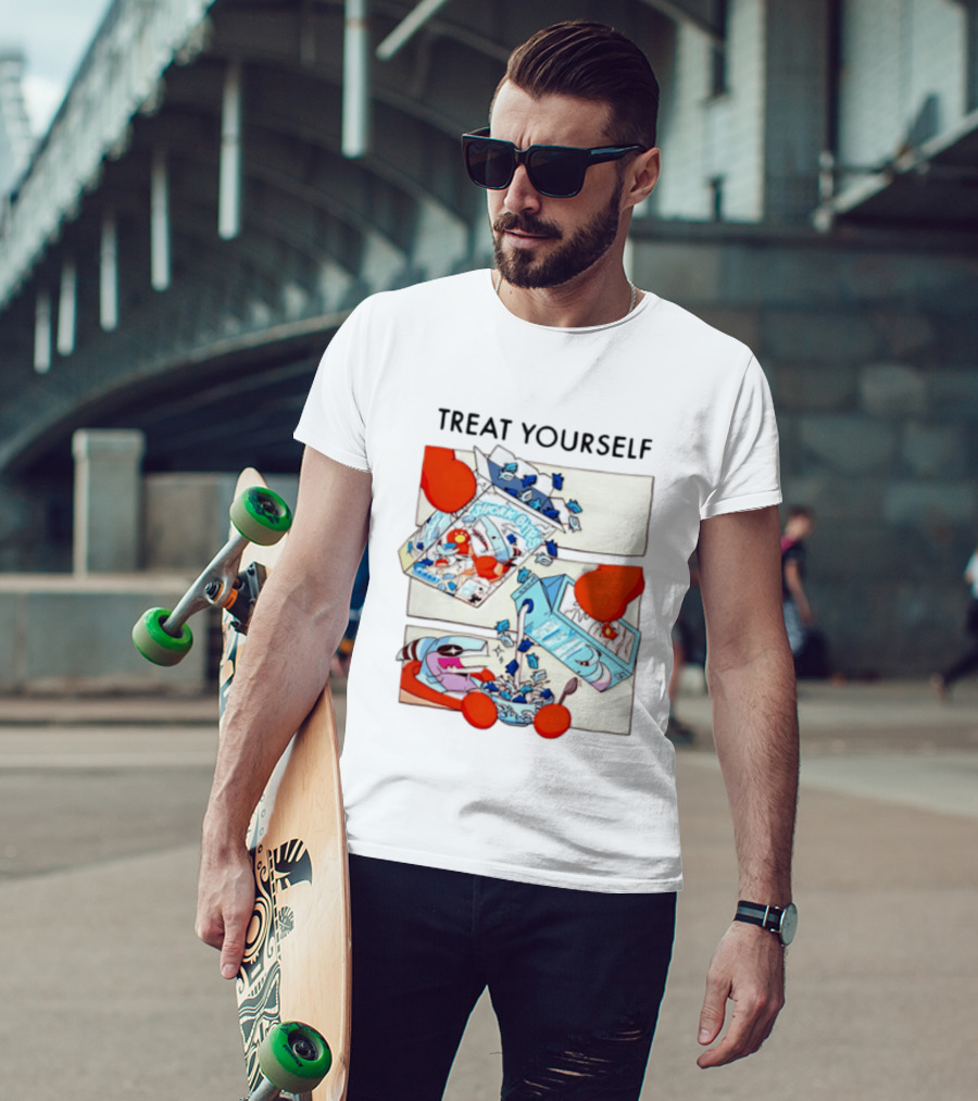 Treat Yourself Shork Bites Cereal Box Sharks Milk Breakfast Fun T-Shirt