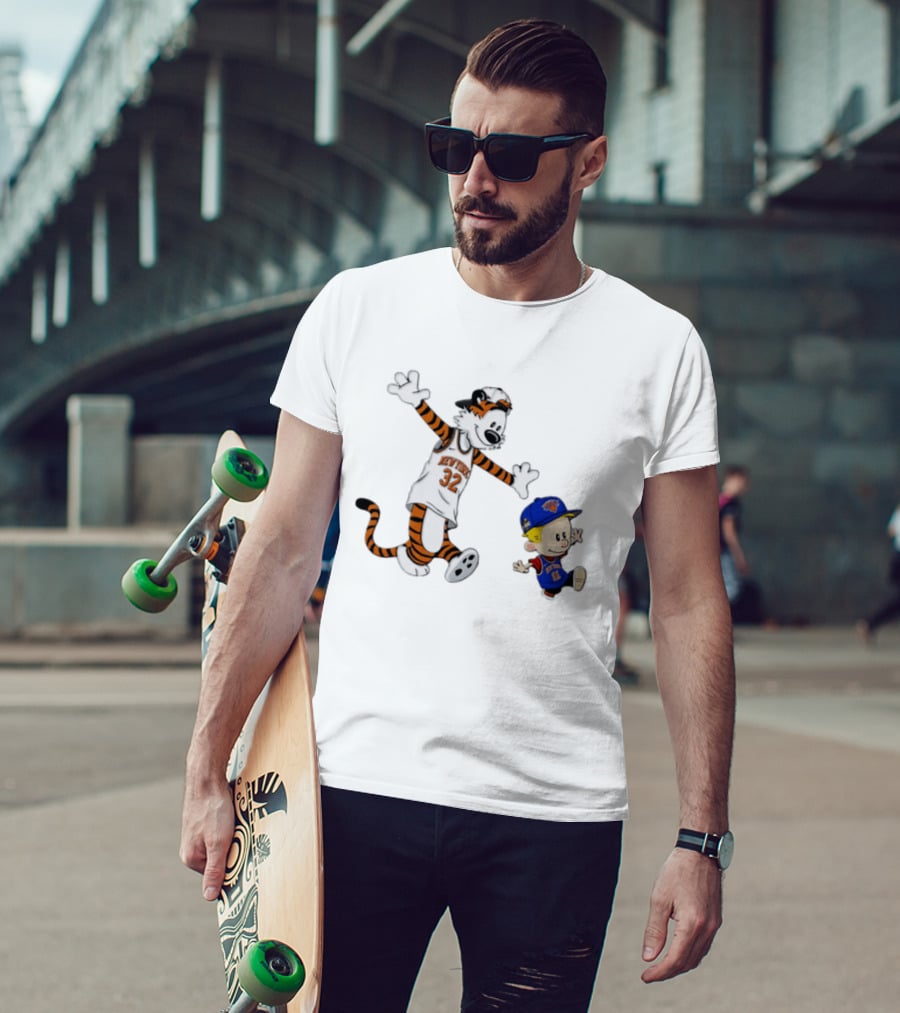 Calvin And Hobbes In New York Knicks NBA Jerseys With Classic Cartoon T-Shirt