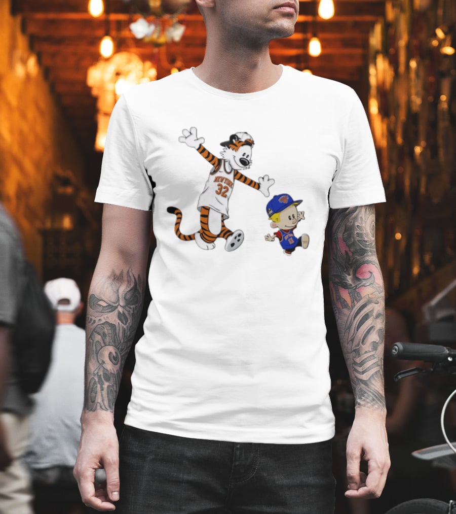 Calvin And Hobbes In New York Knicks NBA Jerseys With Classic Cartoon T-Shirt