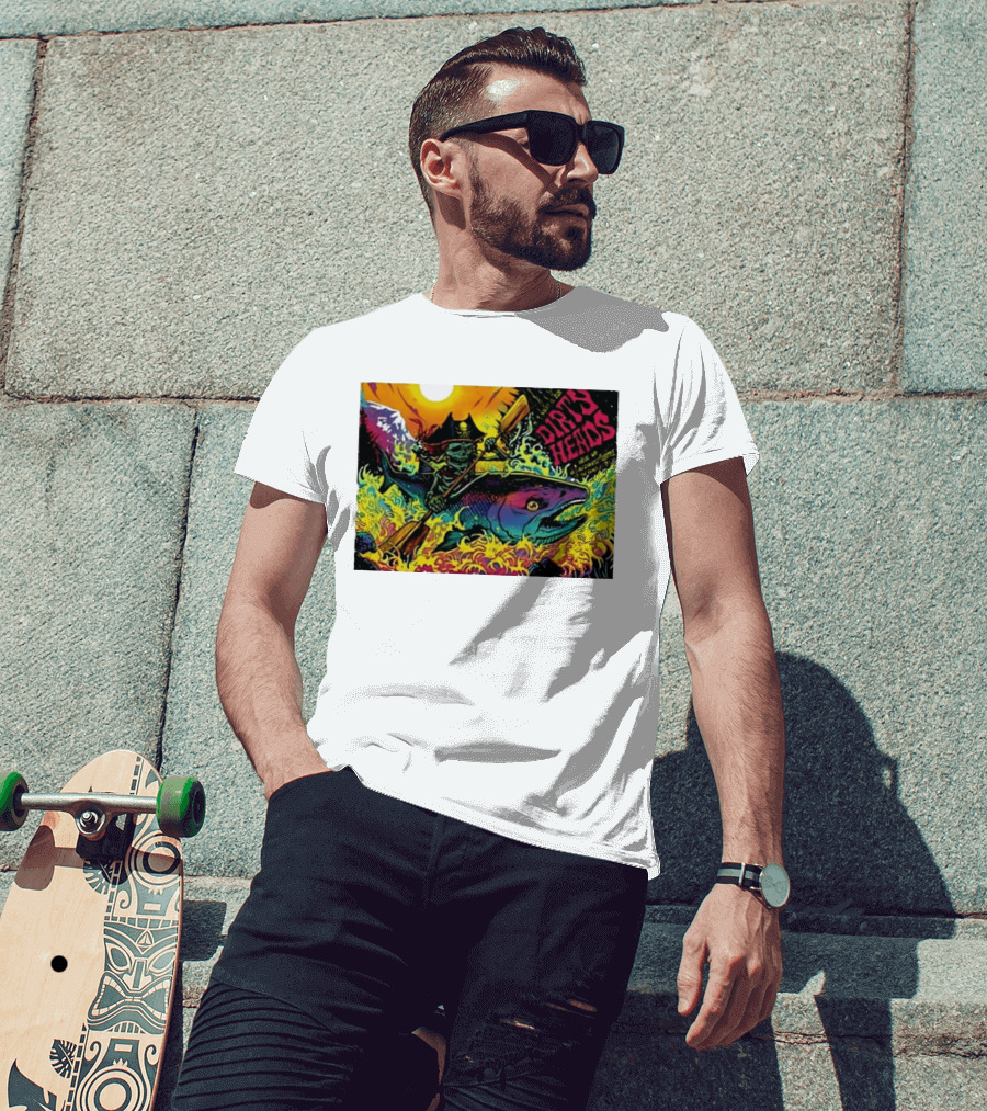 Dirty Heads Pirate Skeleton Kayaking Giant Fish Psychedelic Adventure T-Shirt