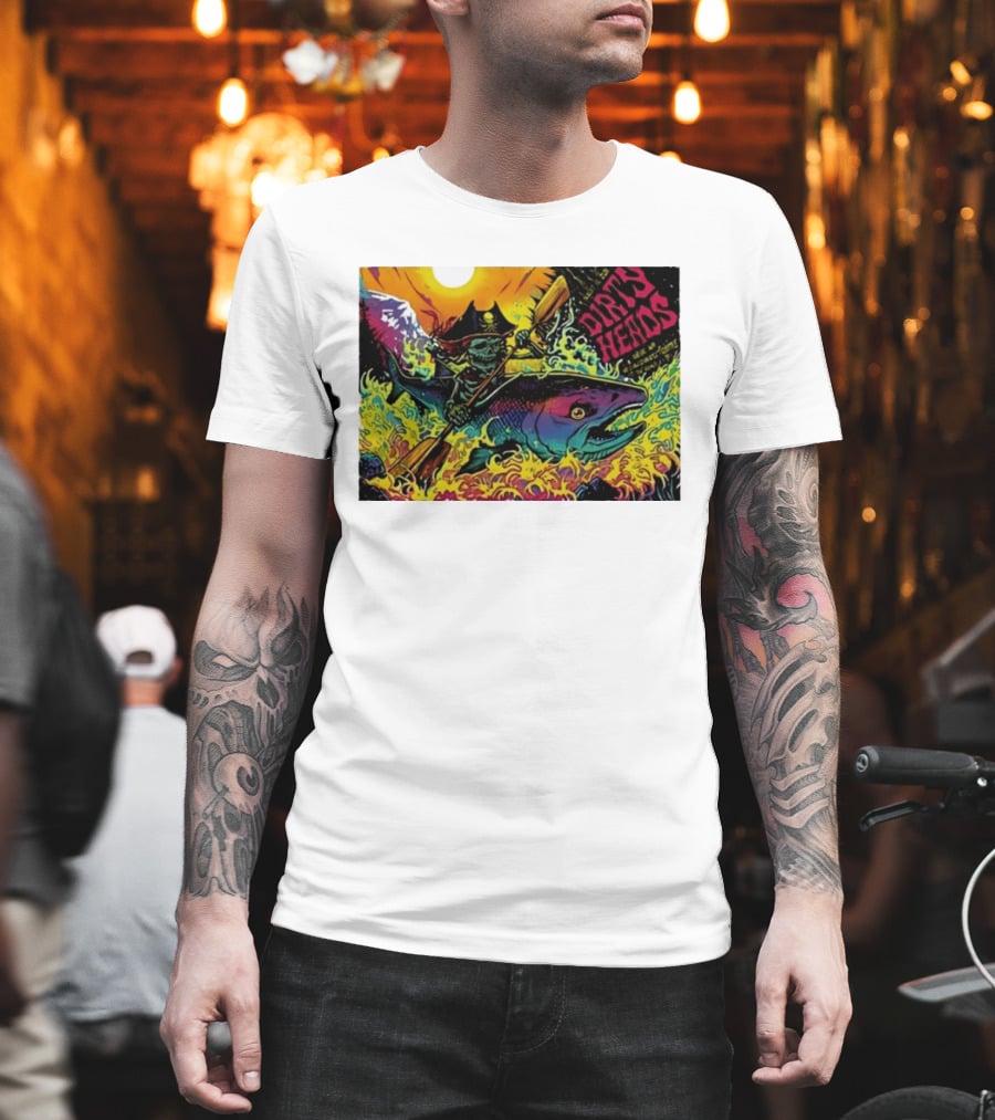 Dirty Heads Pirate Skeleton Kayaking Giant Fish Psychedelic Adventure T-Shirt