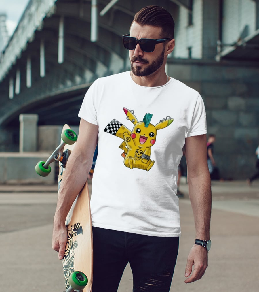Punkachu Pikachu Mohawk Skull Anarchist Punk Rock Style Checkered Flag Details T-Shirt