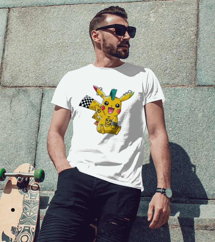 Punkachu Pikachu Mohawk Skull Anarchist Punk Rock Style Checkered Flag Details T-Shirt