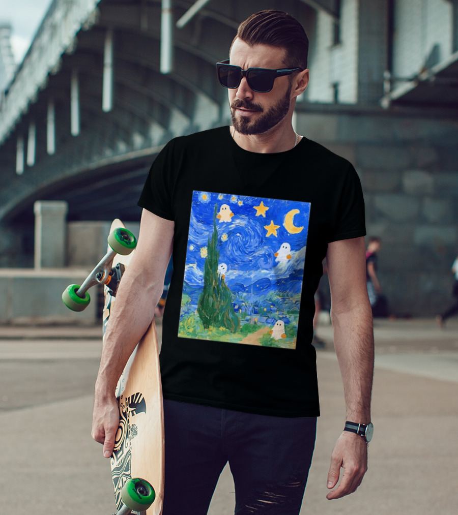 Starry Night Halloween Ghosts Vincent Van Gogh Painting T-Shirt