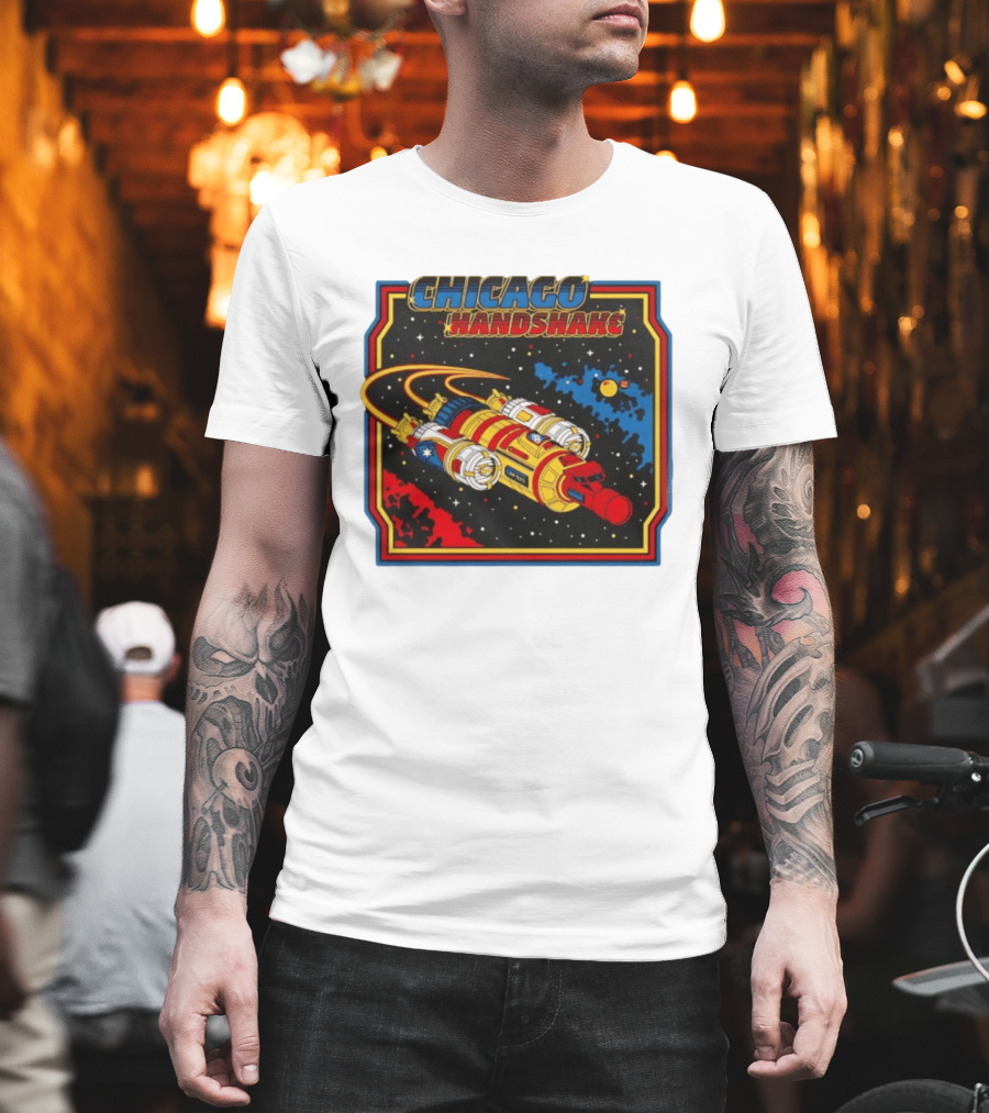 Chicago Handshake Spaceship Malort Old Lager Retro Sci Fi Space Adventure T-Shirt