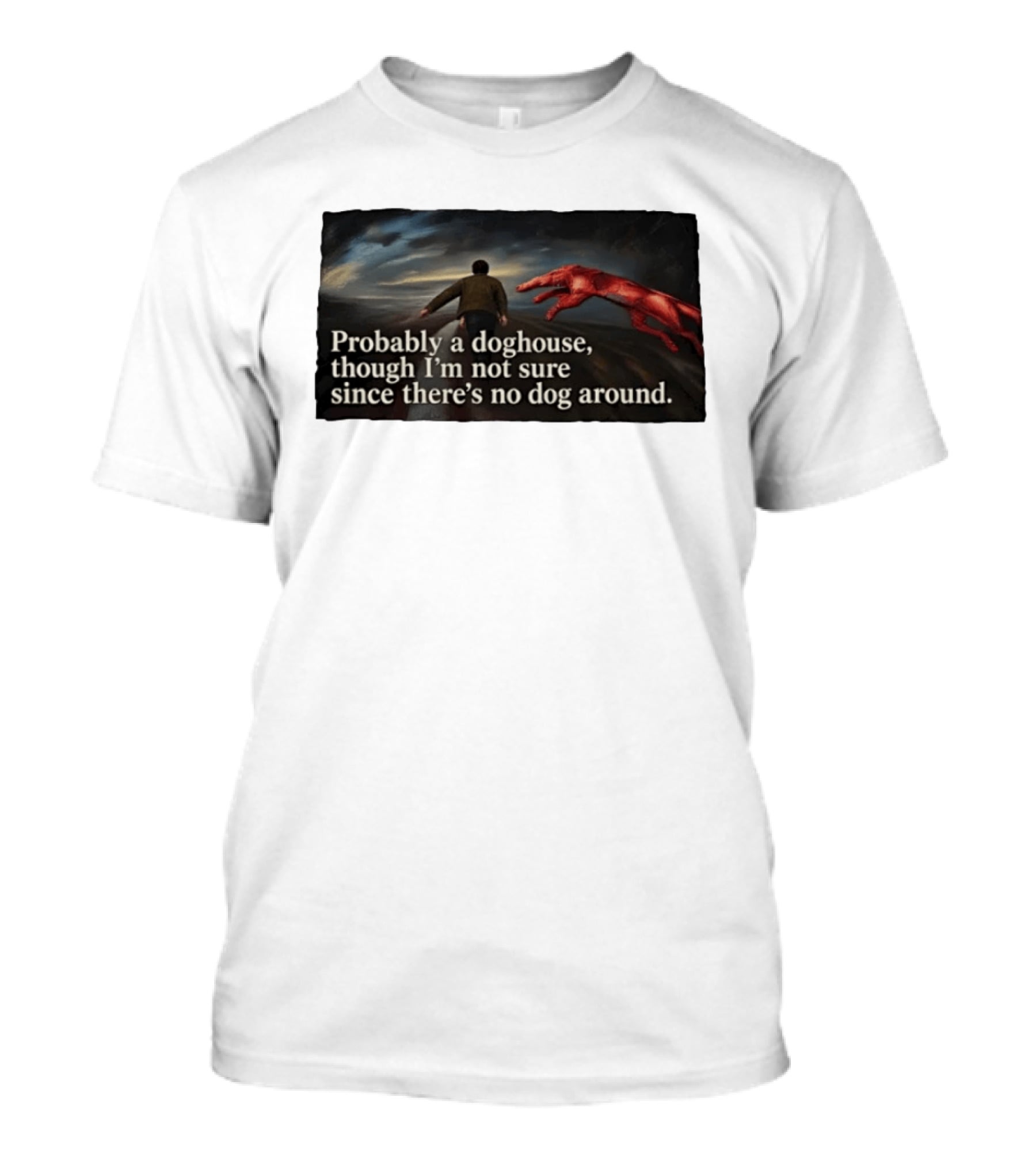 Probably A Doghouse Though I'm Not Sure Since There's No Dog Around Surreal Landscape With Figure And Red Creature T-Shirt