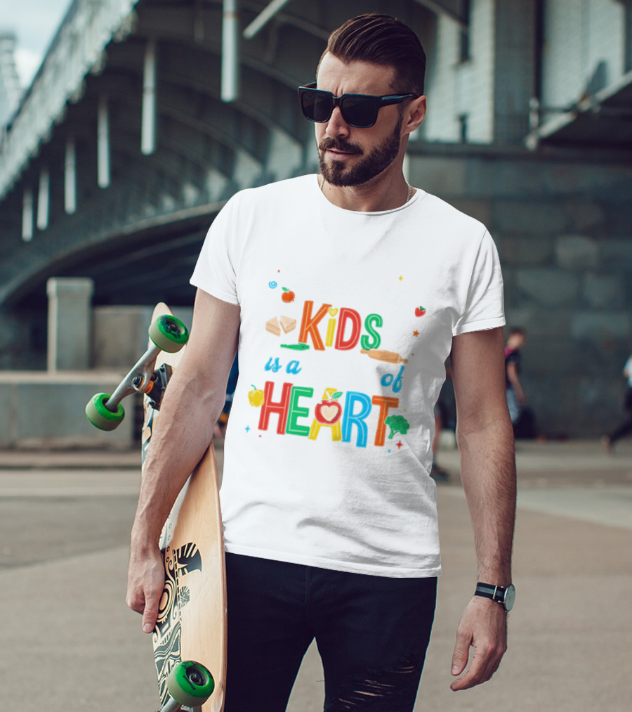 Feeding Kids Is A Work Of Heart Kitchen Tools Colorful Food Items T-Shirt