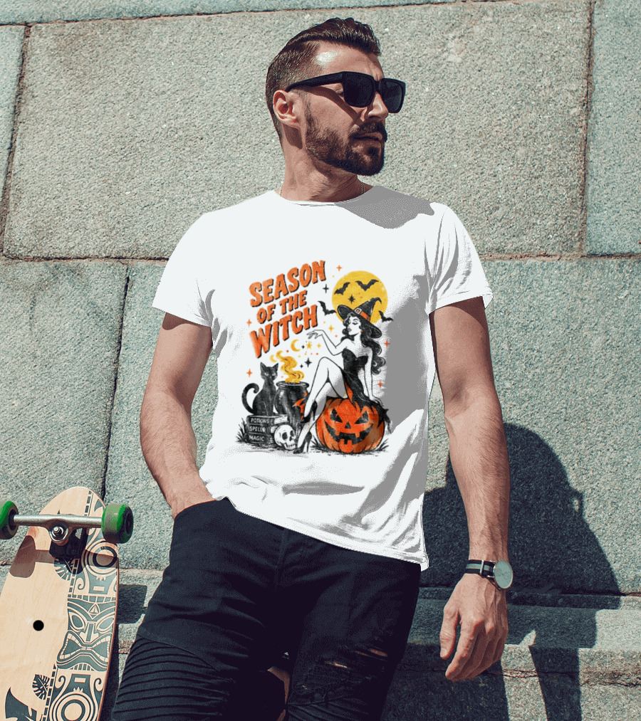 Season Of The Witch Halloween Spooky Season Full Moon Pumpkin Black Cat Bat T-Shirt