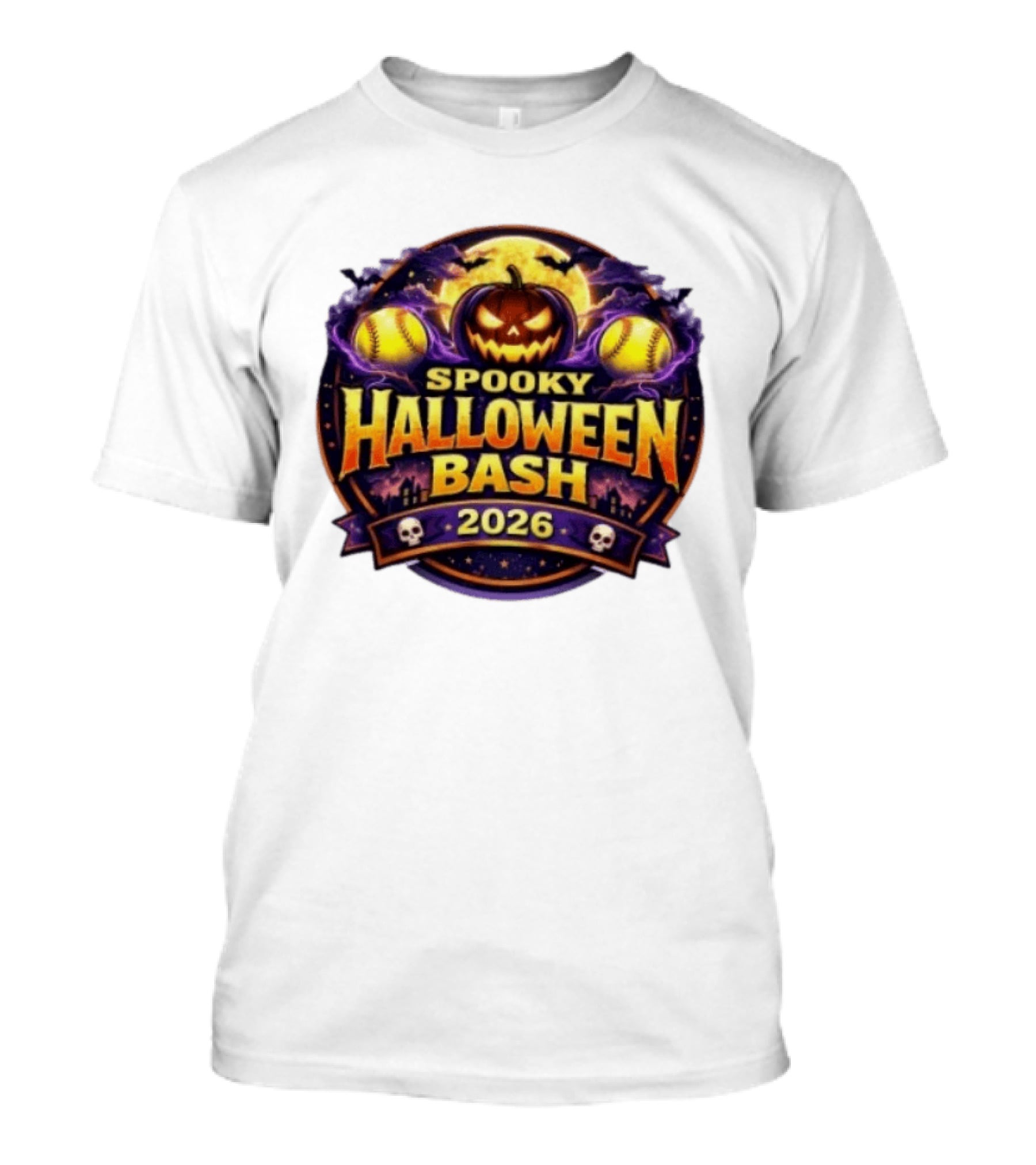 Spooky Halloween Bash 2026 Pumpkin Moonlit Baseball Skulls T-Shirt