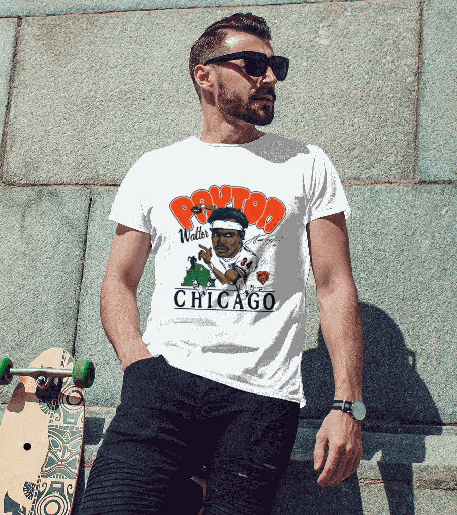 Walter Payton Chicago Bears 34 Caricature Player Signature Drawing T-Shirt