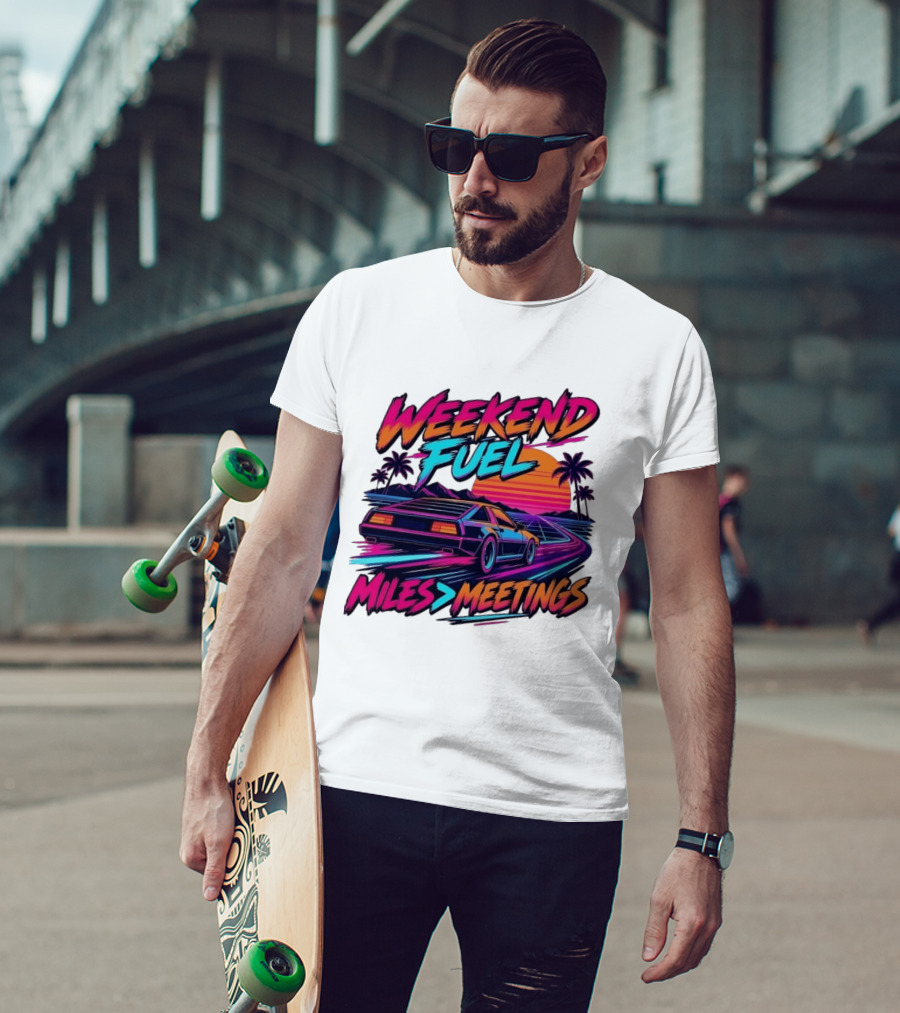 Weekend Fuel Synthwave Sports Car Miles Over Meetings Retro Aesthetic T-Shirt