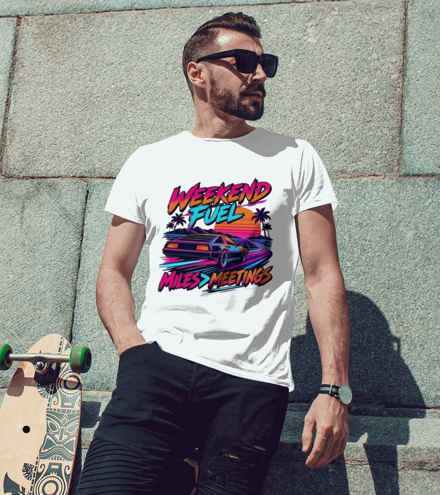 Weekend Fuel Synthwave Sports Car Miles Over Meetings Retro Aesthetic T-Shirt