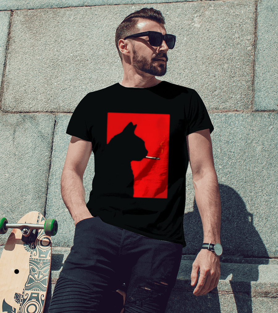 Black Cat Silhouette With Cigarette On Red T-Shirt