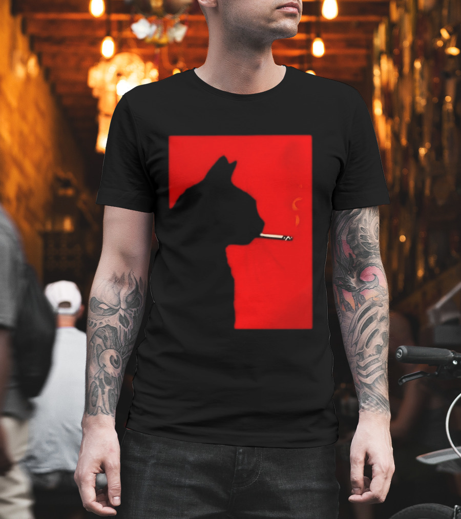 Black Cat Silhouette With Cigarette On Red T-Shirt